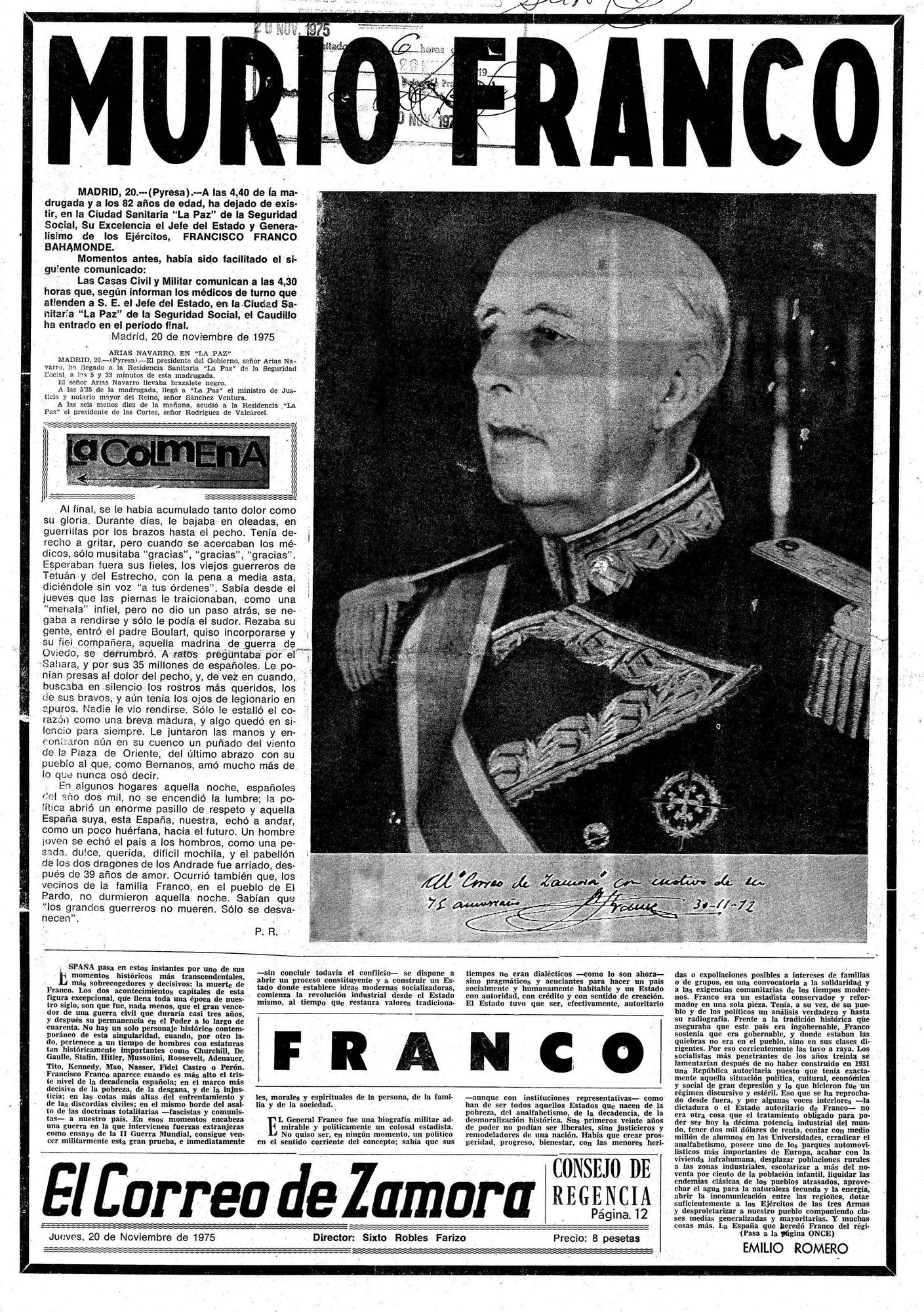 El Correo de Zamora, 20 de noviembre de 1975. Muerte de Franco