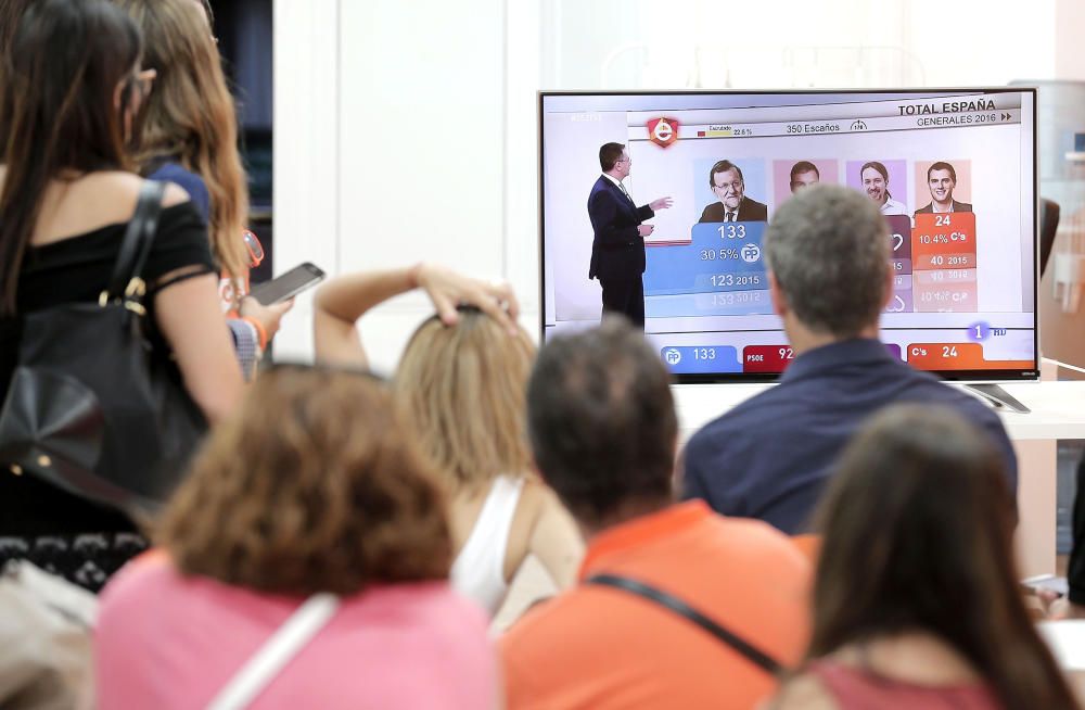 Simpatizantes de Ciudadanos siguen los resultados del escritunio de las elecciones generales en un televisor en la sede del partido naranja en Valencia.