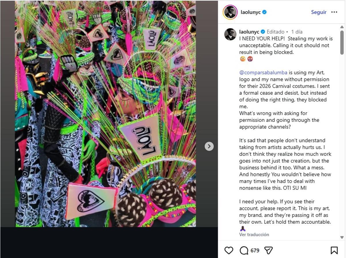 La publicación en la cuenta de Instagram de Láolú.