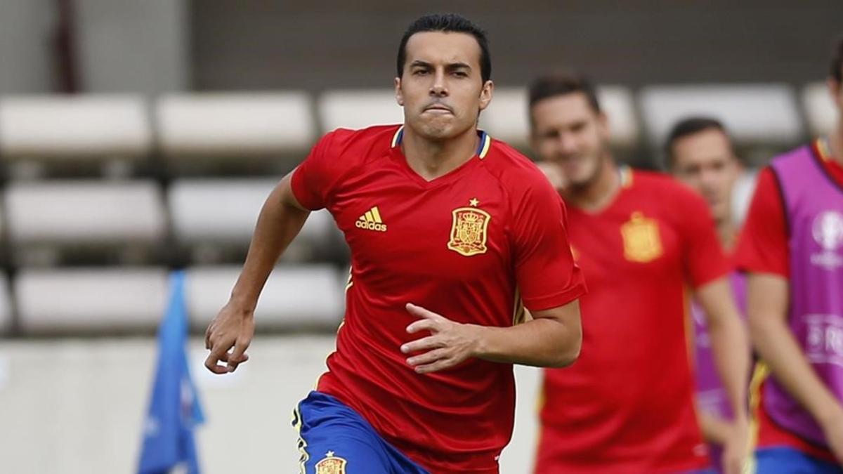 Pedro Rodríguez, en el entrenamiento de la selección del pasado lunes