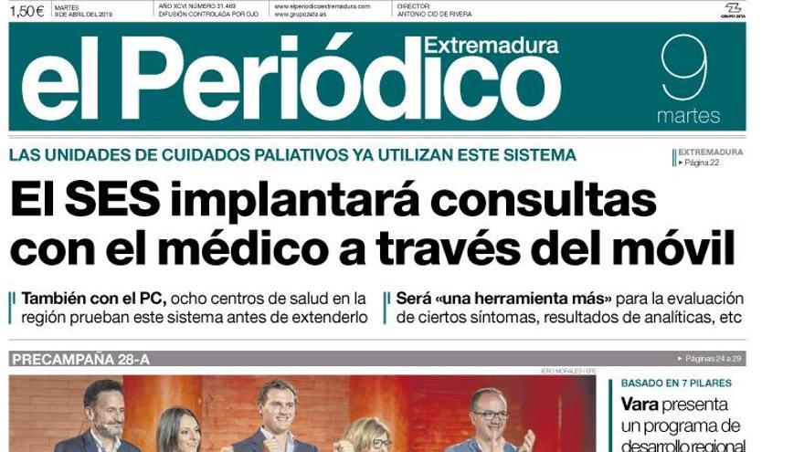 Esta es la portada de EL PERIÓDICO EXTREMADURA correspondiente al día 9 de abril del 2019