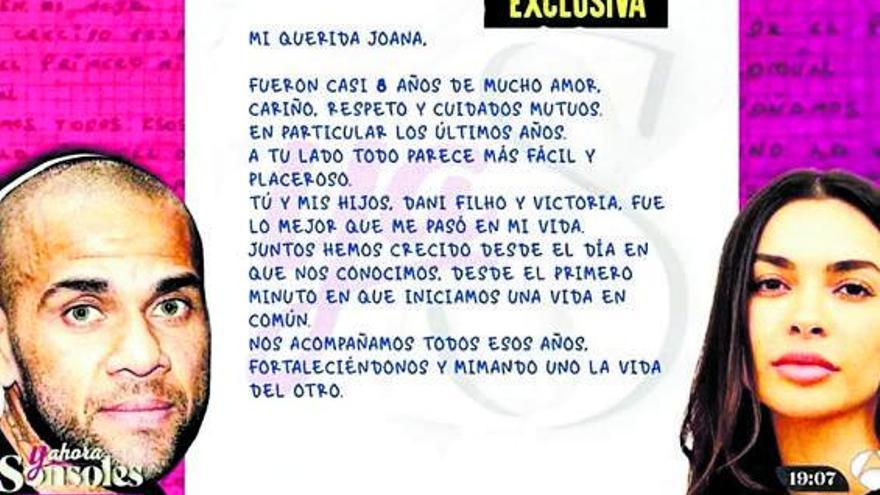 Imagen del futbolista y su 
mujer, junto a un fragmento
 de la carta.  | // ANTENA 3