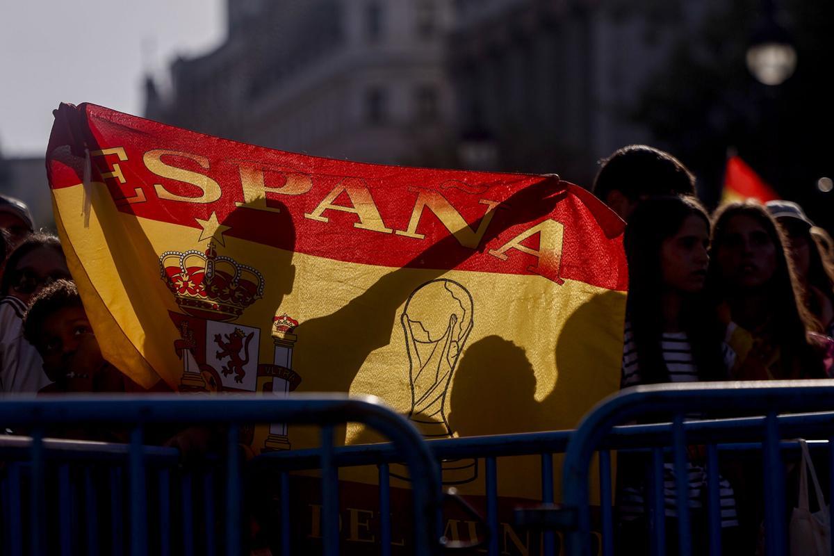 Un aficionado con la bandera de España en Cibeles