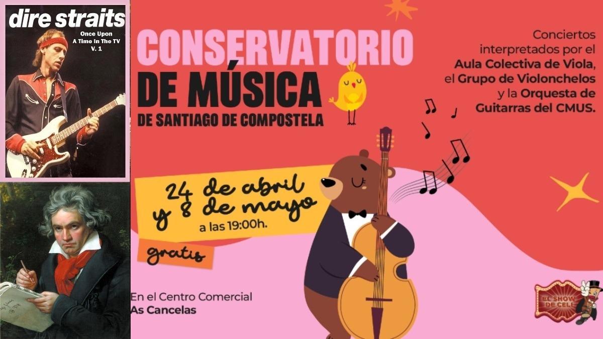 A la izquierda, portada de un dvd de Dire Straits y retrato de Beethoven. Al lado, cartel de los conciertos del CMUS Santiago y el centro comercial As Cancelas.