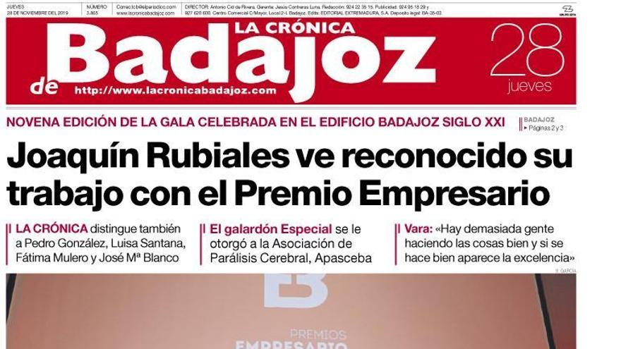 Esta es la portada de LA CRÓNICA DE BADAJOZ correspondiente al día 28 de noviembre del 2019