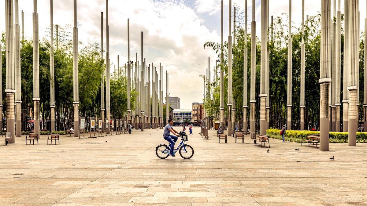 Parque de las luces or Park of Lights in Cisneros Square, Medellin, Colombia.