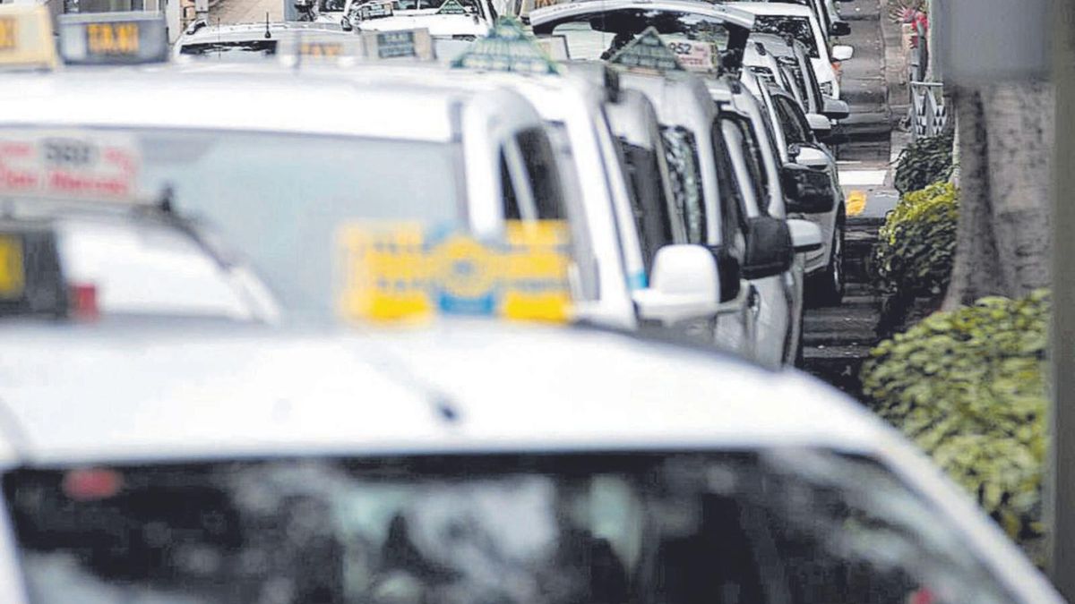 Una caravana de taxis por una avenida de Santa Cruz de Tenerife.