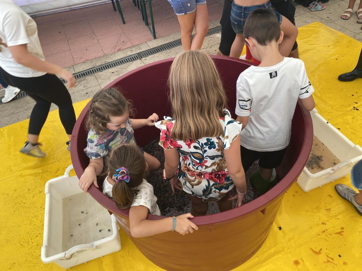 Niños y niñas pisan la uva.