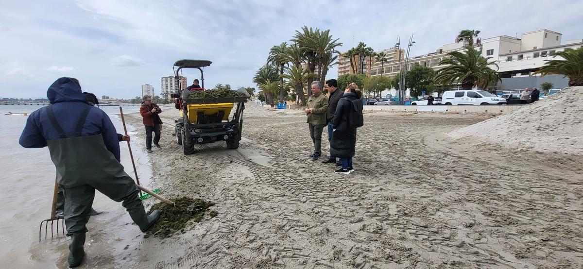 Juan María Vázquez, junto con el alcalde de San Javier, durante la visita a las brigadas que realizan los trabajos de retirada de biomasa en el Mar Menor.