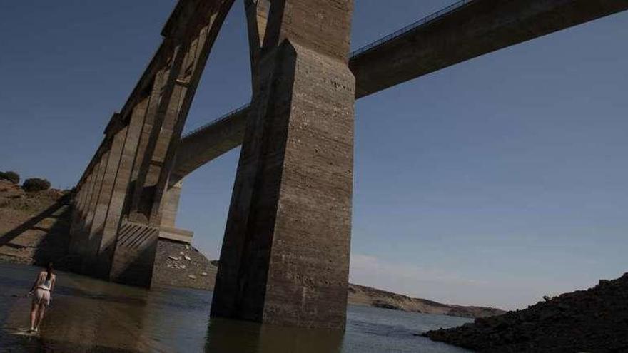 Arriba, el embalse de Ricobayo ayer. Abajo, la misma zona hace unos meses.