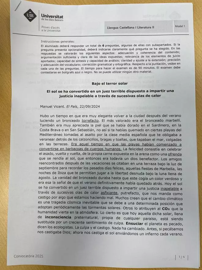 Vea aquí el examen completo de Lengua Castellana y Literatura II de la Selectividad de Baleares 2025