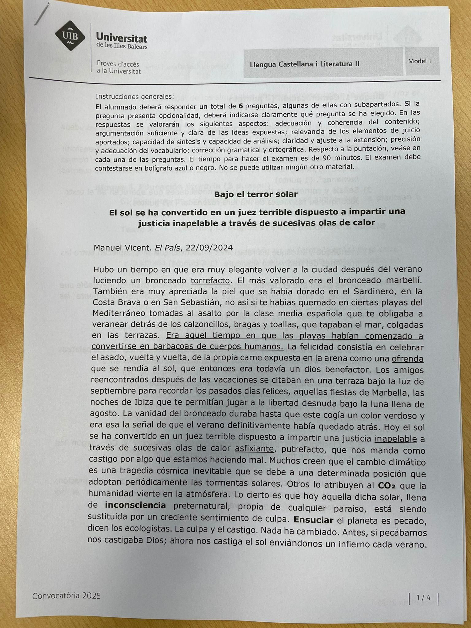 Vea aquí el examen completo de Lengua Castellana y Literatura II de la Selectividad de BAleares 2025