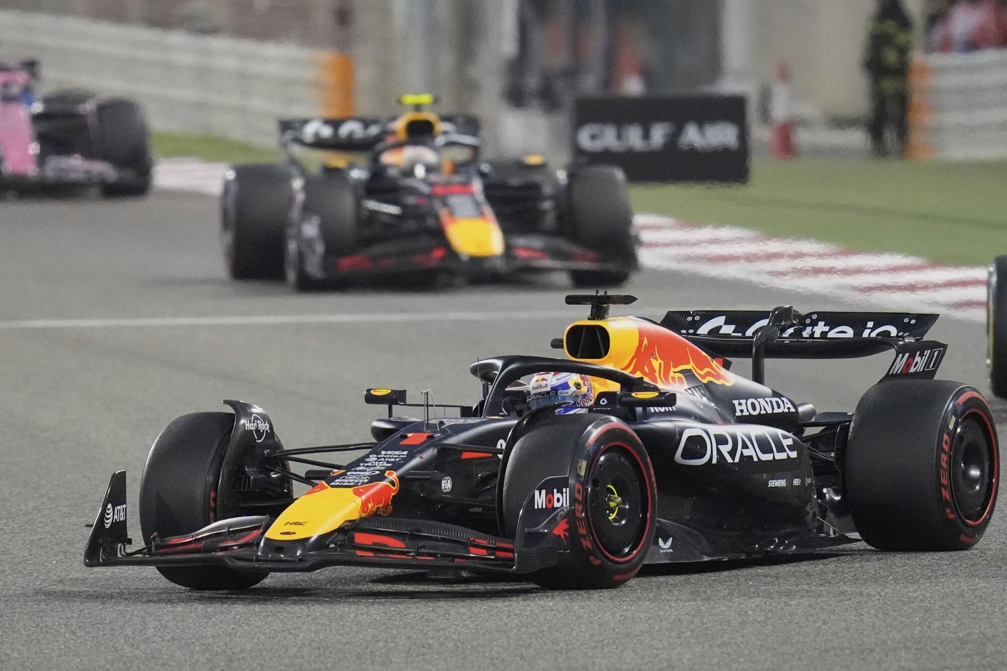 Red Bull driver Max Verstappen of the Netherlands in action during the the Formula One Bahrain Grand Prix, in Sakhir, Sunday, April 13, 2025. (AP Photo/Darko Bandic). EDITORIAL USE ONLY / ONLY ITALY AND SPAIN