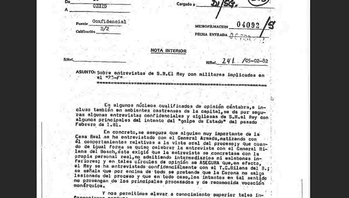 Nota emitida por un informador del servicio secreto sobre supuetas reuniones del rey Juan Carlos con golpistas en 1982
