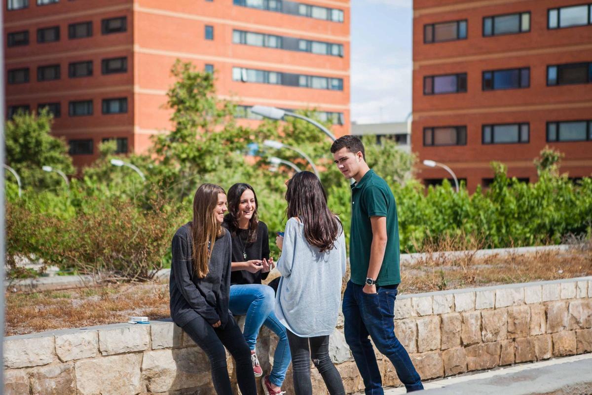 Grupo de estudiantes charlando en el campus de Tarongers.