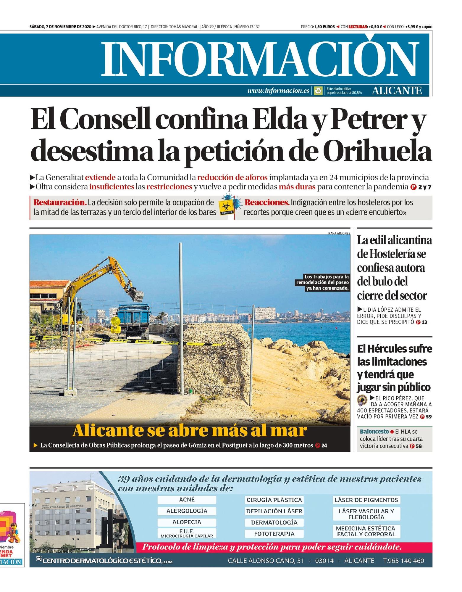 Portada del Diario Información del sábado 7 de noviembre de 2020