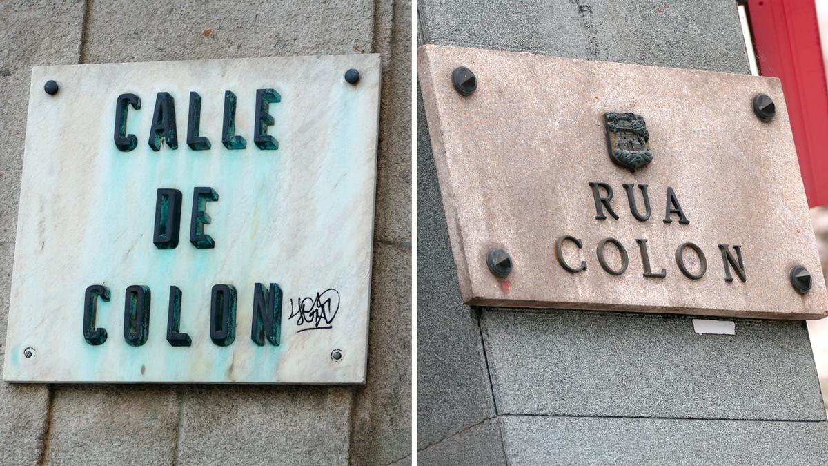 Un ejemplo de la convivencia de elementos de distintos estratos en Vigo: la placa de principios del siglo XX en el que se indica el nombre de la vía en español y la otra, más reciente, en la que aparece en gallego.