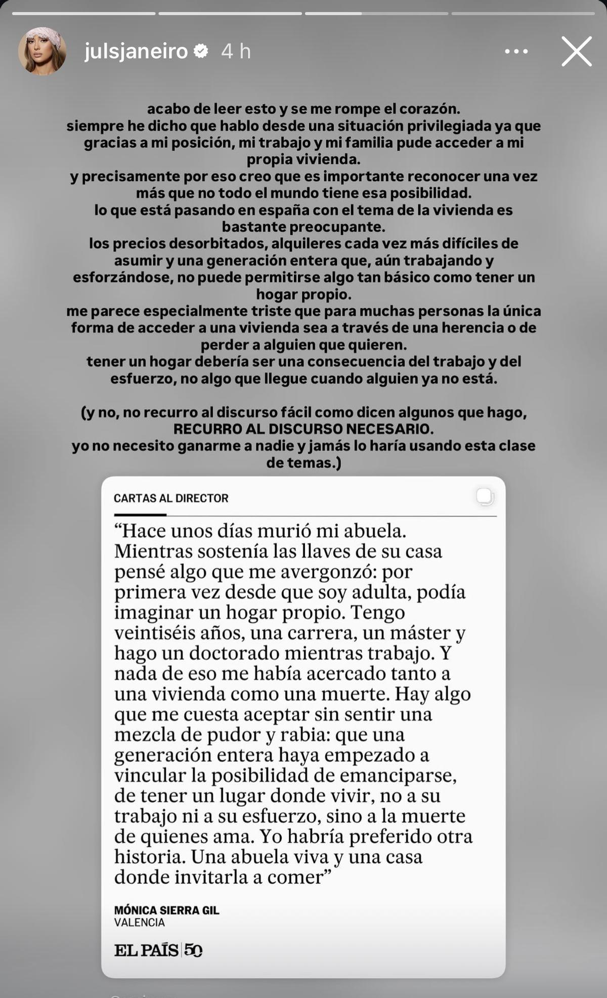Julia Janeiro se pronuncia sobre la vivienda