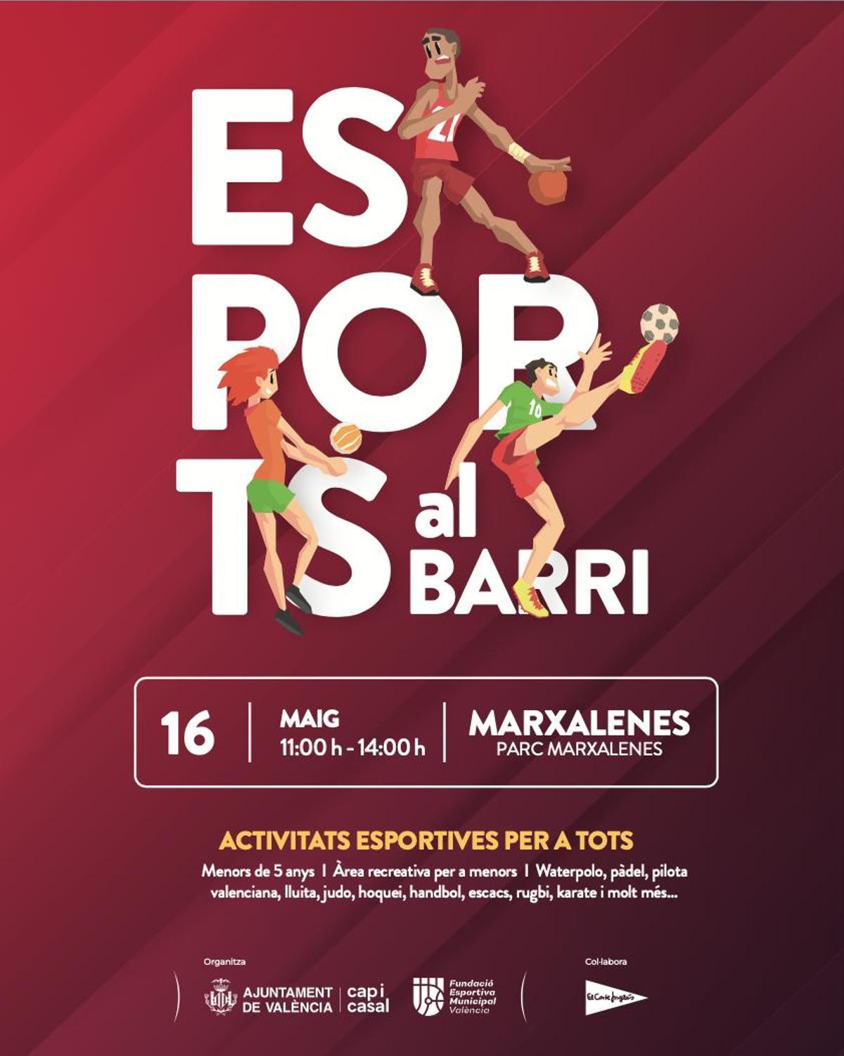 Cartel oficial de la nueva edición del programa municipal 'Esports Al Barri', que regresa este sábado 16 de mayo en el Parque de Marxalenes.