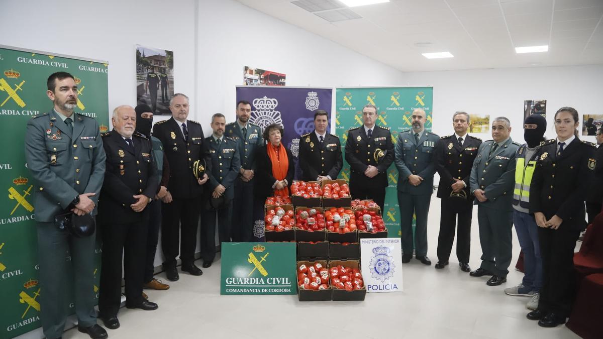 Rafaela Valenzuela, Juan Carretero y Carlos Serra, junto a otros altos cargos de la Guardia Civil y la Policía Nacional, exponen parte de la droga intervenida.