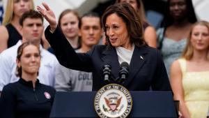 La vicepresidenta de EEUU, Kamala Harris, durante un discurso este lunes en la Casa Blanca.