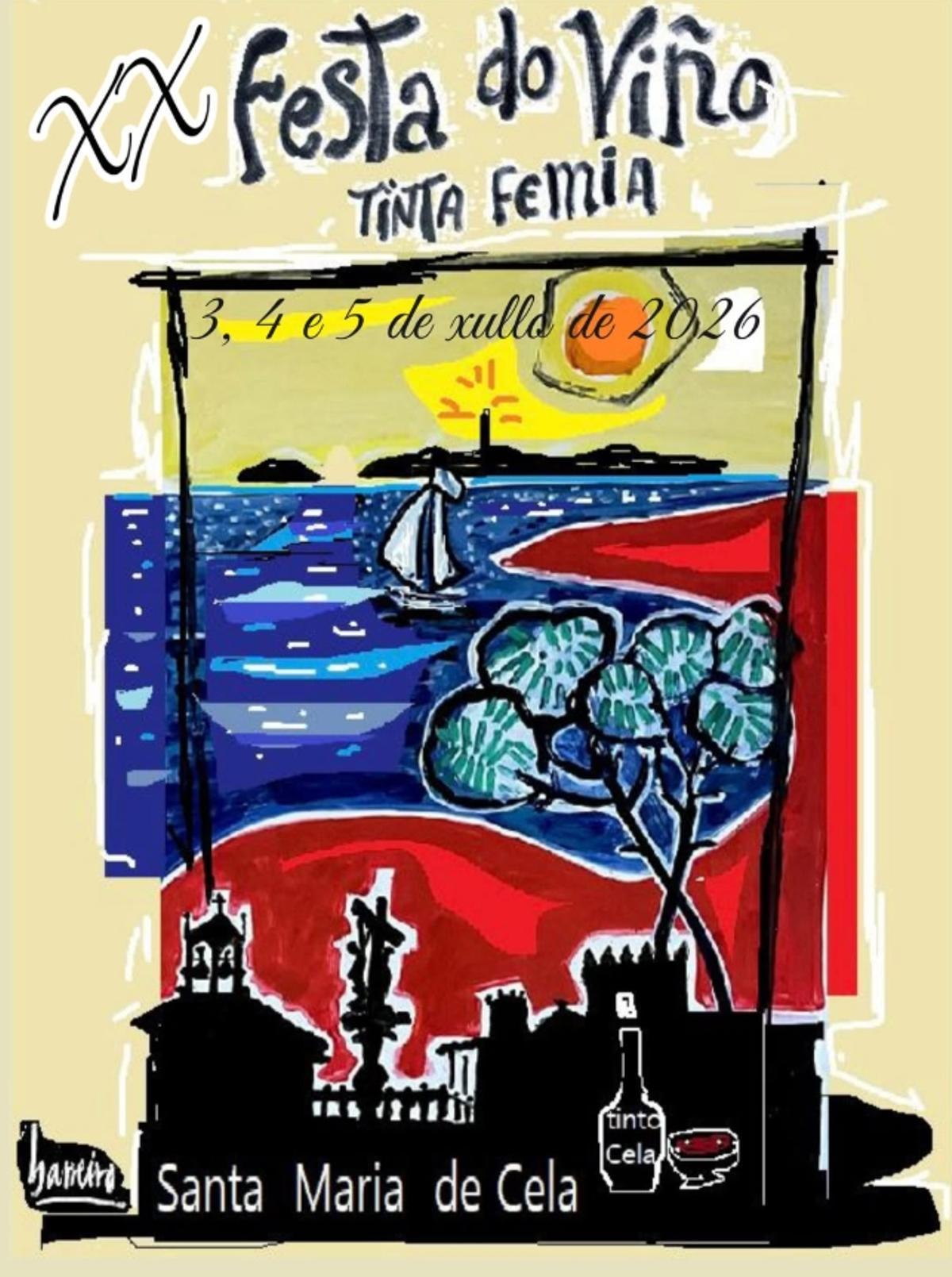 El cartel de la XX Festa do Viño Tinta Femia de Cela, diseñado por el artista José María Barreiro.