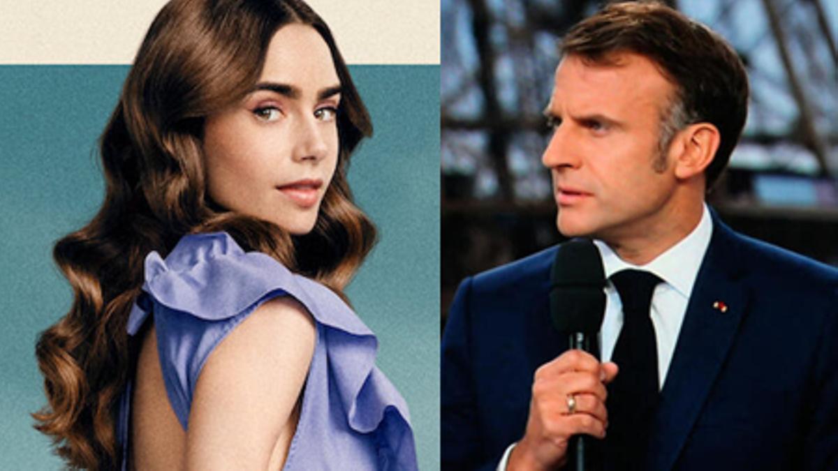 La actriz Lily Collins y Emmanuel Macron, presidente de Francia.