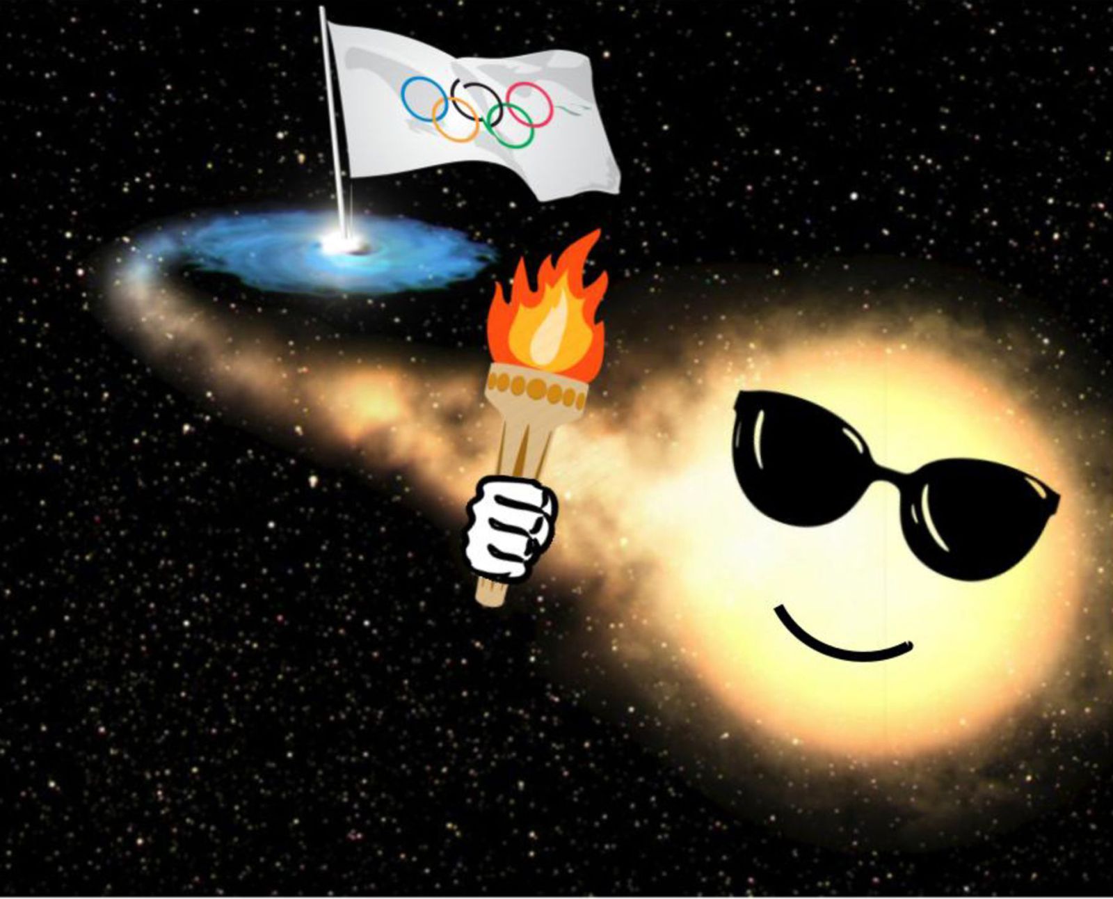 Recreación artística de una binaria de rayos-X, formada por una estrella amarilla con gafas de sol y una antorcha olímpica y un agujero negro o estrella de neutrones en el que está pinchado la bandera olímpica. Parte del gas de la estrella escapa y forma un disco a alrededor del agujero negro (estructura azul).