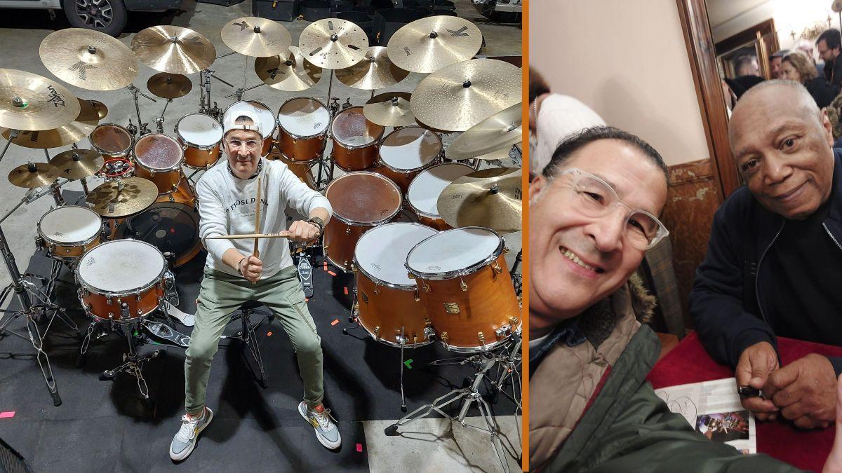 Carlos ‘Pájaro’ Arévalo, conocido músico de Santiago, junto a la gigantesca batería. Y al lado, con Billy Cobham en Lugo.