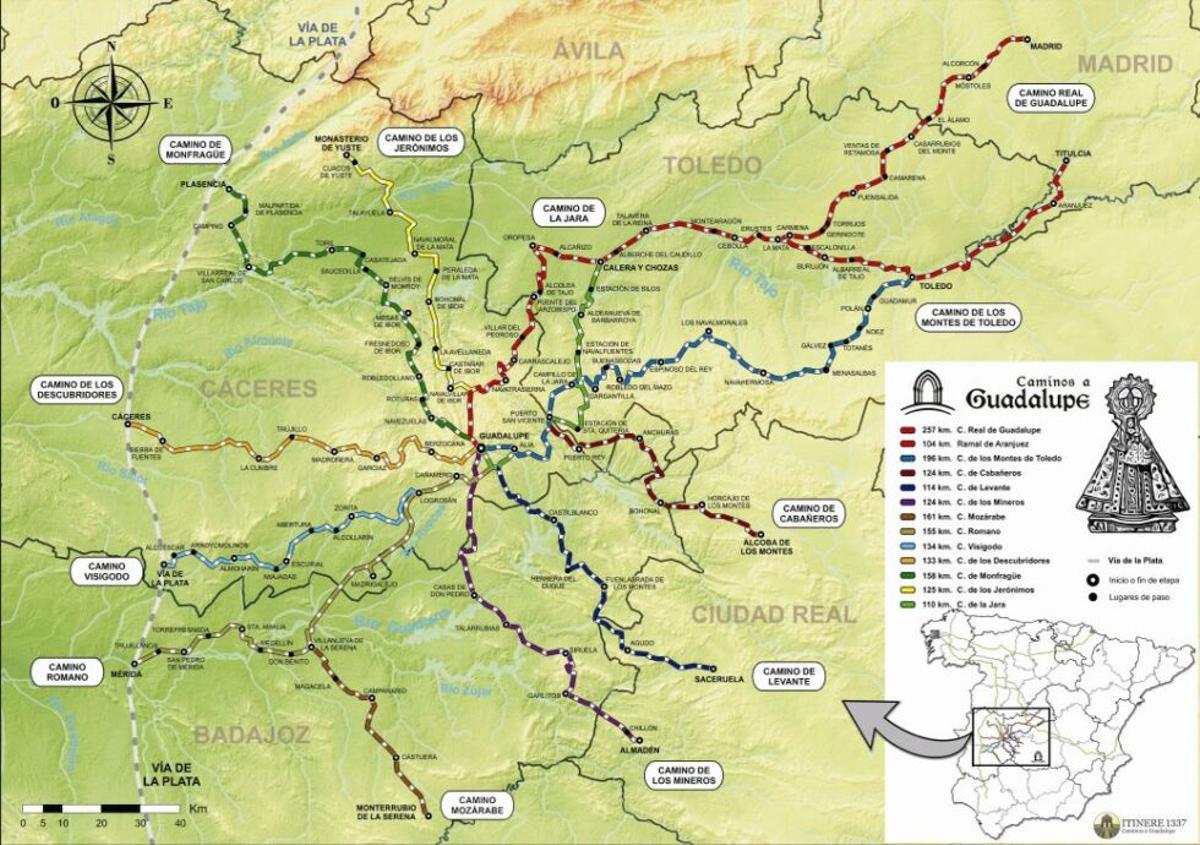 Mapa de las rutas de los Caminos a Guadalupe.