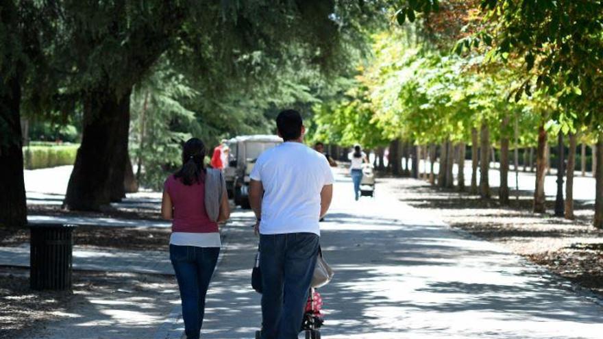 Una joven pareja pasea a su hijo recién nacido por el parque