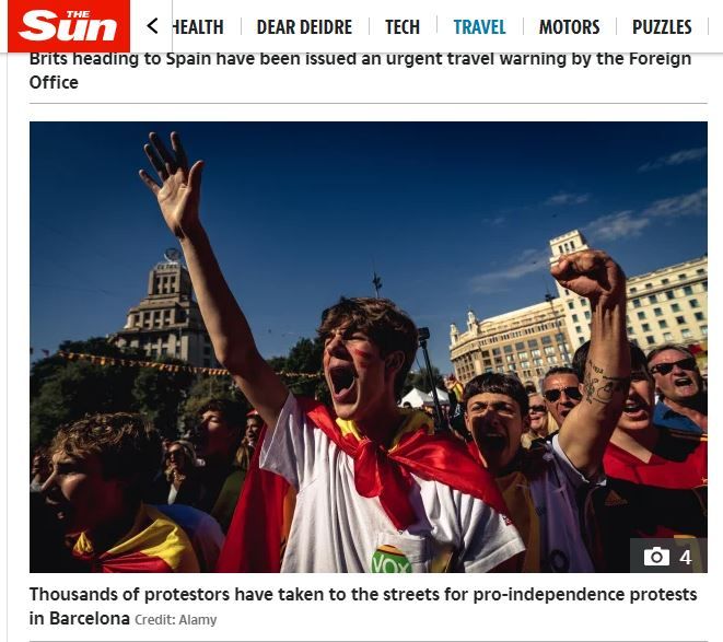 La foto con la que ilustra el diario británico The Sun la alerta sobre manifestaciones independentistas en Barcelona.