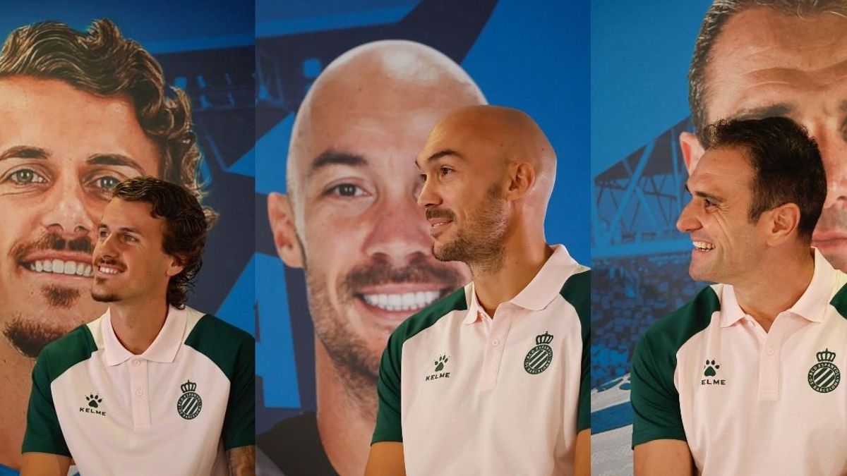 Carlos Romero, Marko Dmitrovic y Kike García, durante su presentación con el Espanyol.
