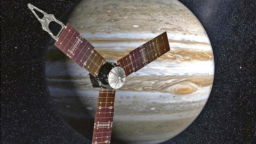 Recreación de la llegada de la sonda &quot;Juno&quot; a la órbita del planeta Júpiter.