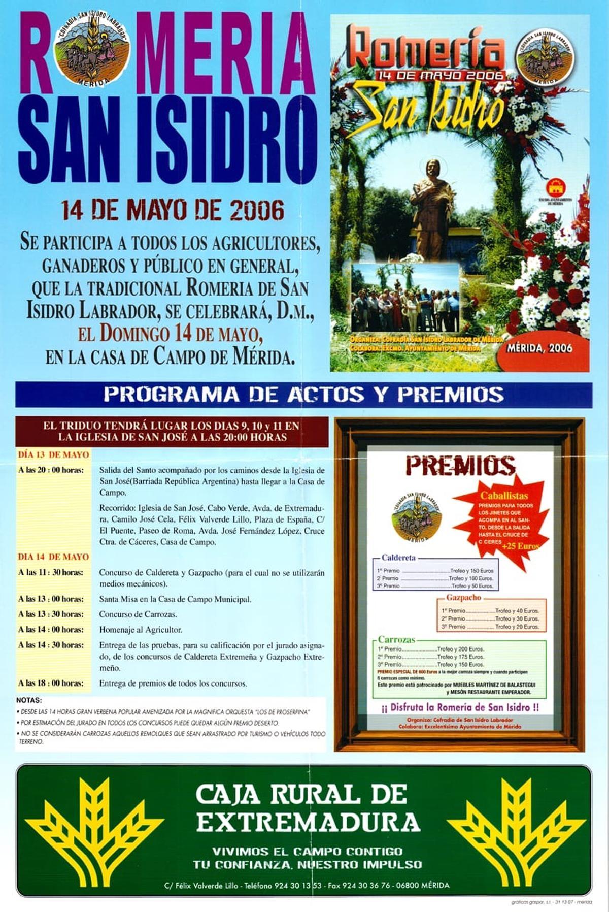 Programa de actos y premios de la tradicional Romería de San Isidro de Mérida, celebrada el 14 de mayo de 2006 en la Casa de Campo.