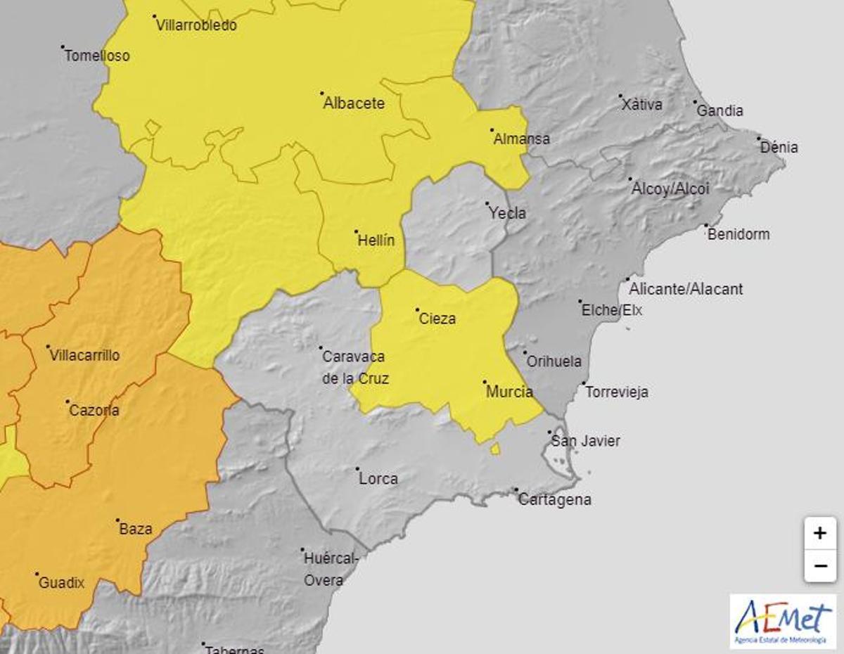 Mapa de alerta meteorológica en Murcia