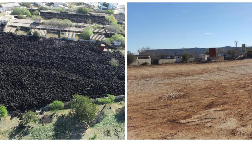 El antes y el después del vertedero ilegal de neumáticos de Chiva, después de tres meses de trabajos de retirada de residuos.