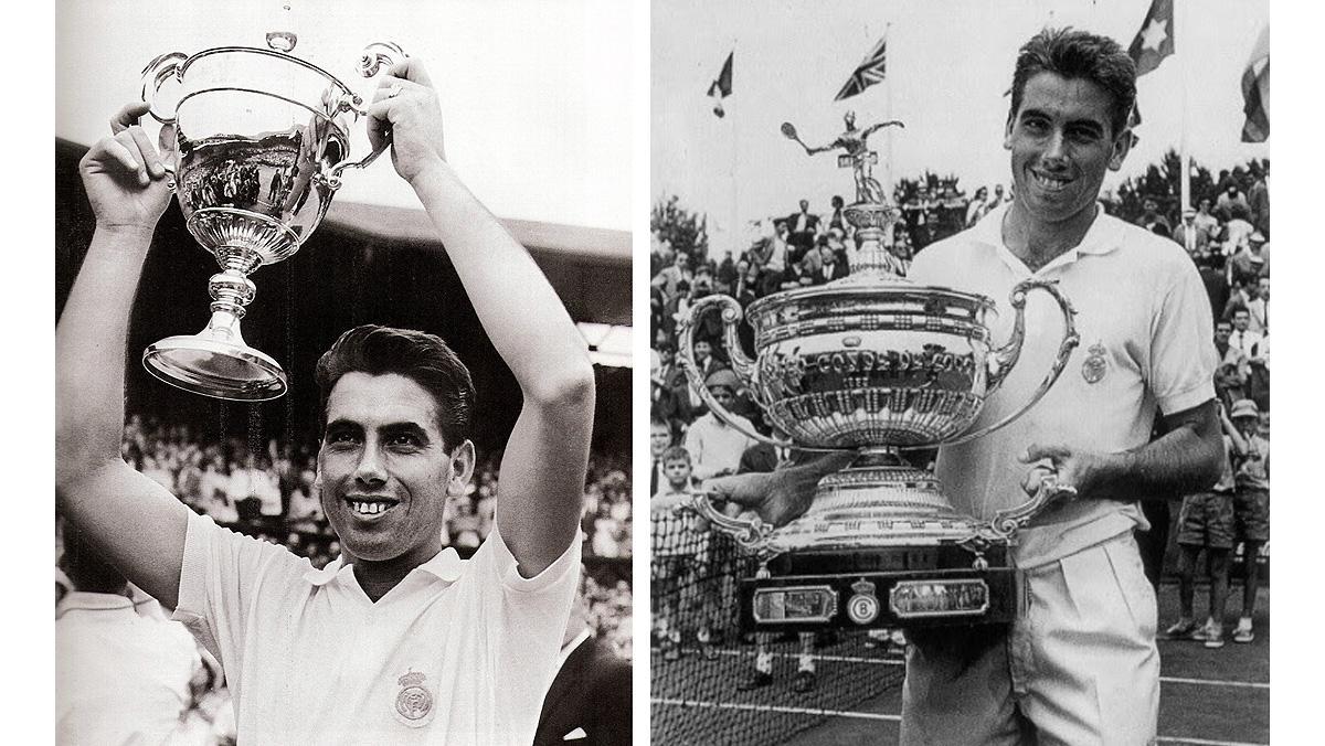 Manolo Santana, con los trofeos de Wimbledon y del torneo Conde de Godó.