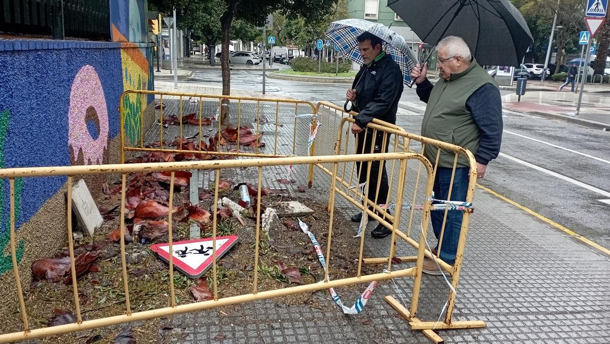 Nacho Romera y el dirigente vecinal de Huelin Francisco Moya, en primer plano, ante el alcorque vacío del primer ficus desplomado.