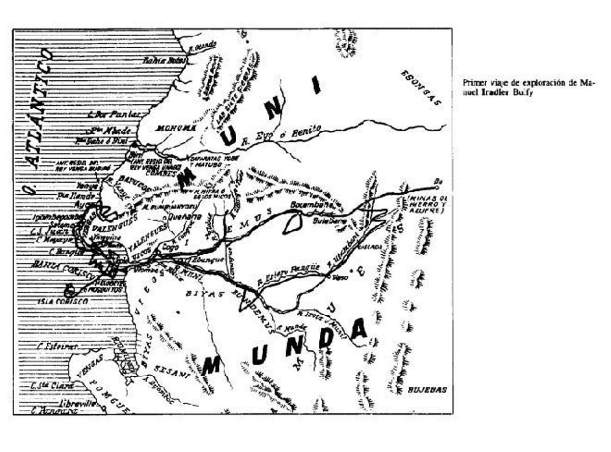 Mapa del primer viaje de exploración de Manuel Iradier.