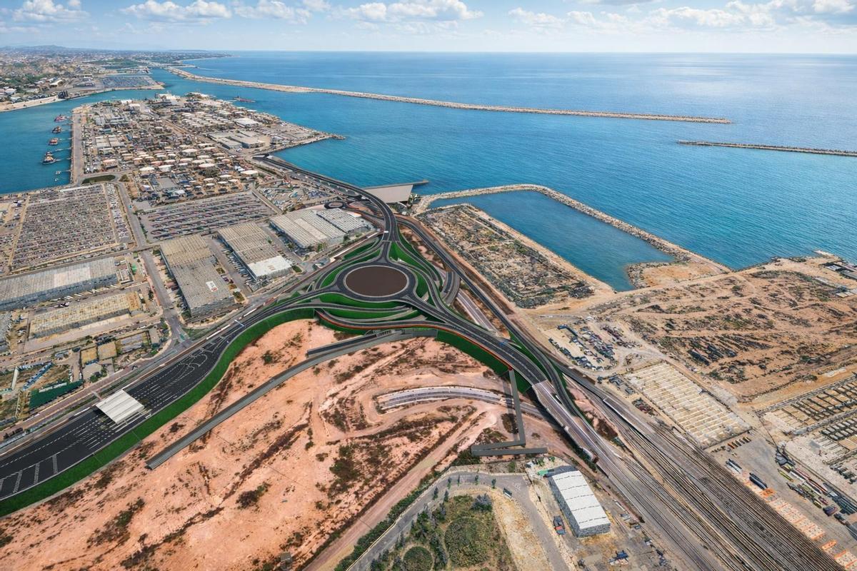 Imagen aérea de la simulación del nudo norte tras las obras que ahora licitará el Port de Barcelona.