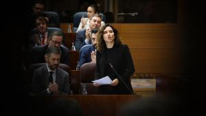 La presidenta de la Comunidad de Madrid, Isabel Díaz Ayuso, interviene durante un pleno en la Asamblea de Madrid, a 21 de noviembre de 2024, en Madrid (España).