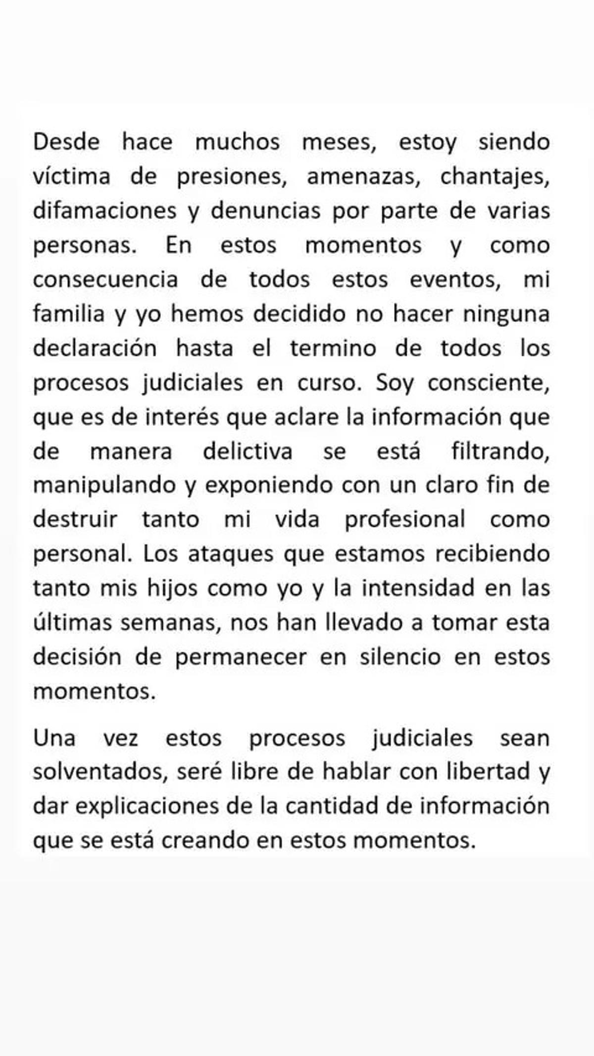 El comunicado de Frank Cuesta publicado en las historias de su perfil en Instagram.