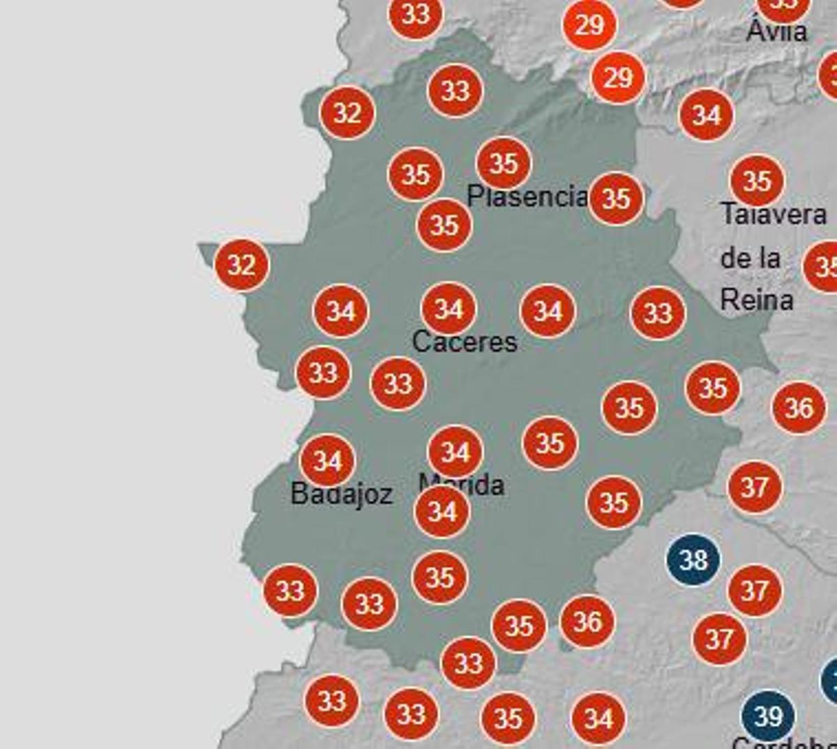 Temperaturas en Extremadura, martes 21 de julio