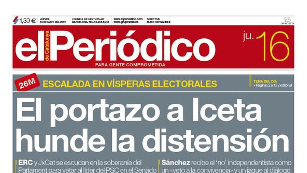 La portada de EL PERIÓDICO del 16 de mayo del 2019