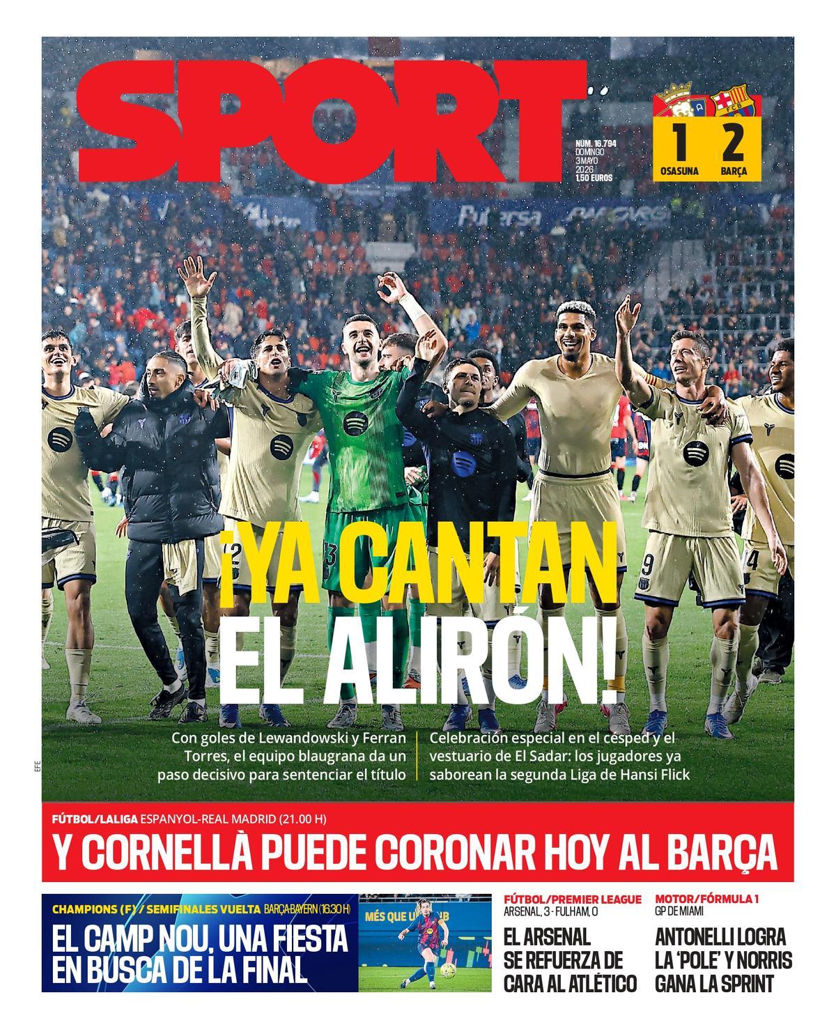 Esta es la portada de SPORT de hoy domingo, 3 de mayo de 2026