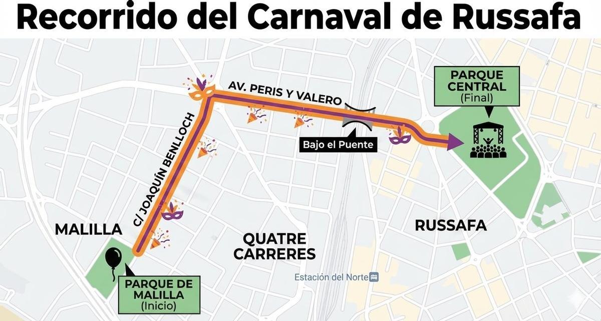 Recorrido del pasacalle del Carnaval de Ruzafa 2026.