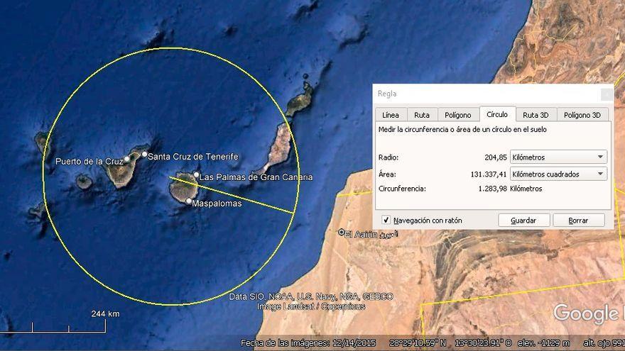 La circunferencia del hongo trasladado a Canarias y medido a través de Google Earth.