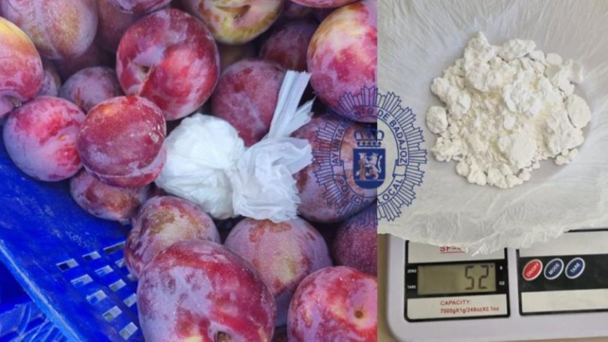 El envoltorio con la droga entre las frutas y la cocaína al ser pesada.