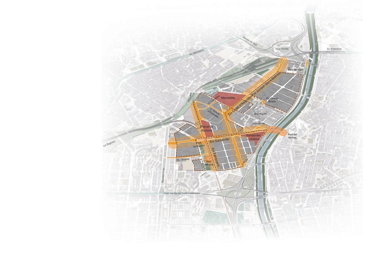 Mapa de la zona donde el Ayuntamiento de Barcelona pretende comprar naves industriales, en el Besós.